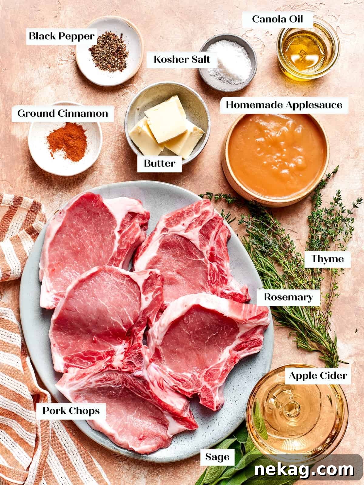 Ingredients for pork chops and applesauce arranged on kitchen counter.