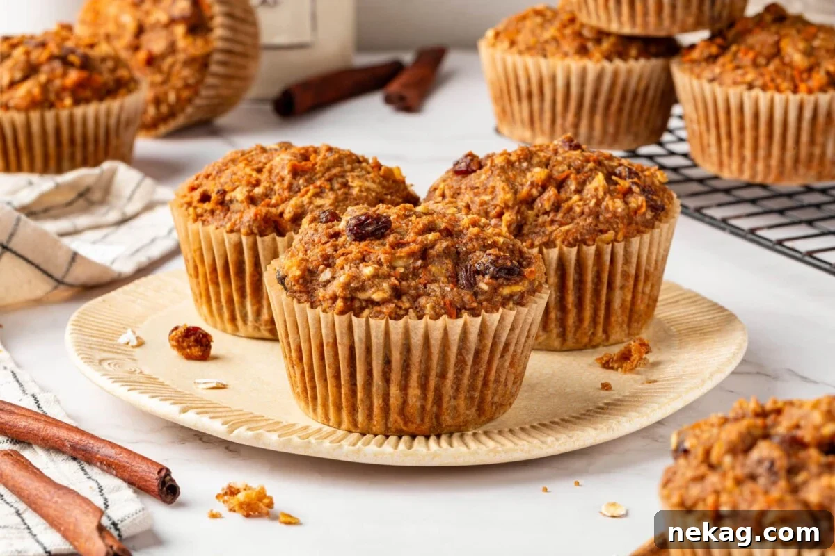 A charming plate displays three freshly baked homemade morning glory muffins, revealing visible pieces of fruit and nuts inside.