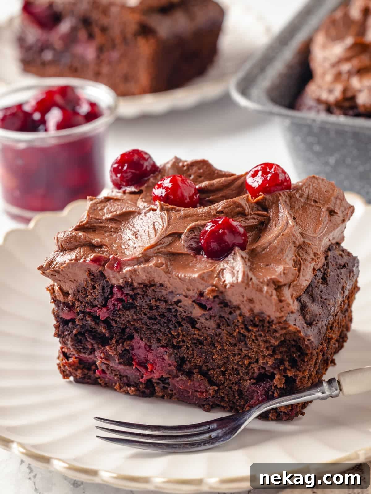 Slice of chocolate cherry cake topped with textured chocolate cream cheese frosting and fresh cherry garnish.