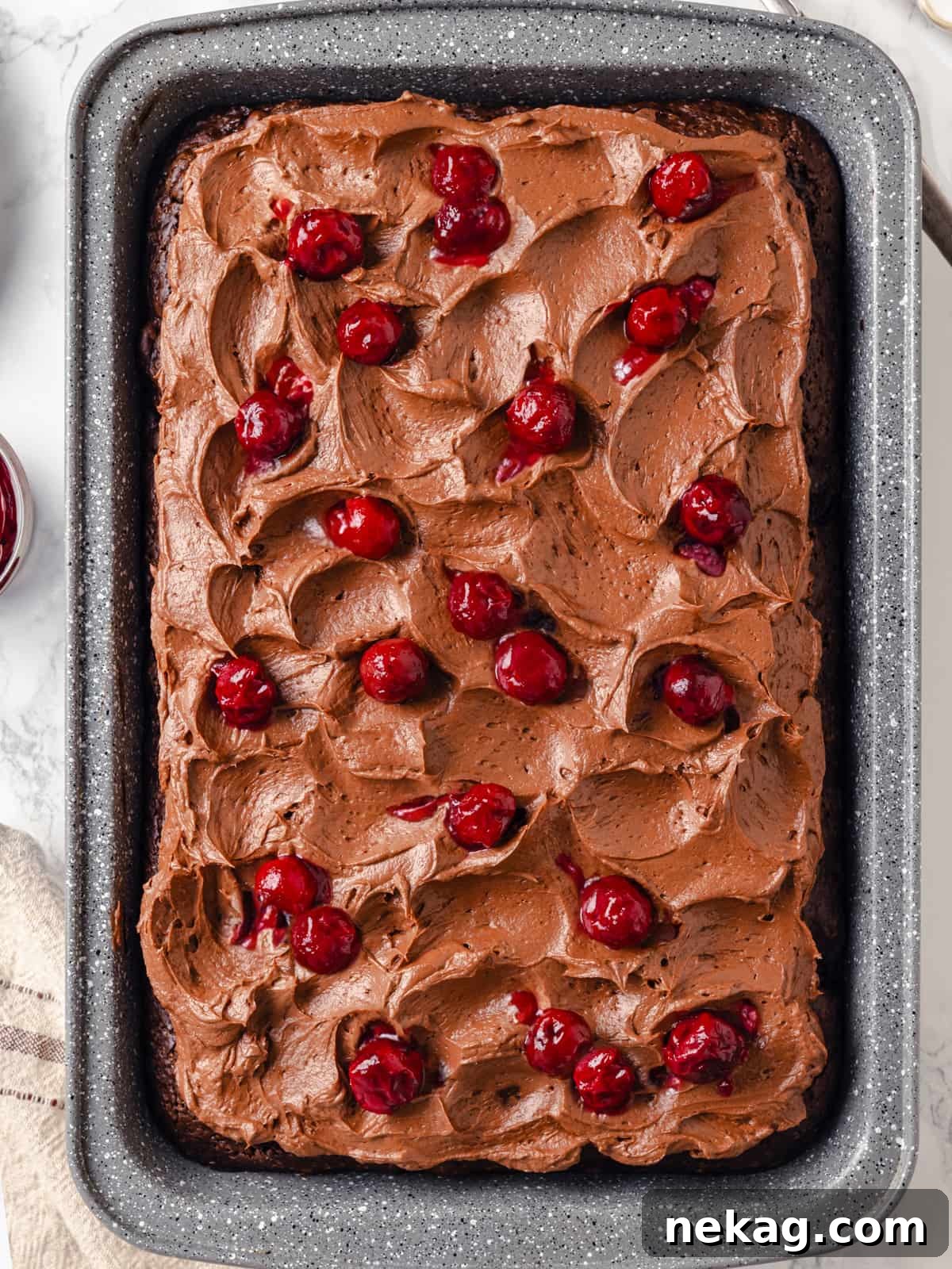 An uncut chocolate cake in a rectangular baking dish, beautifully topped with swirled chocolate cream cheese frosting and garnished with fresh cherries.