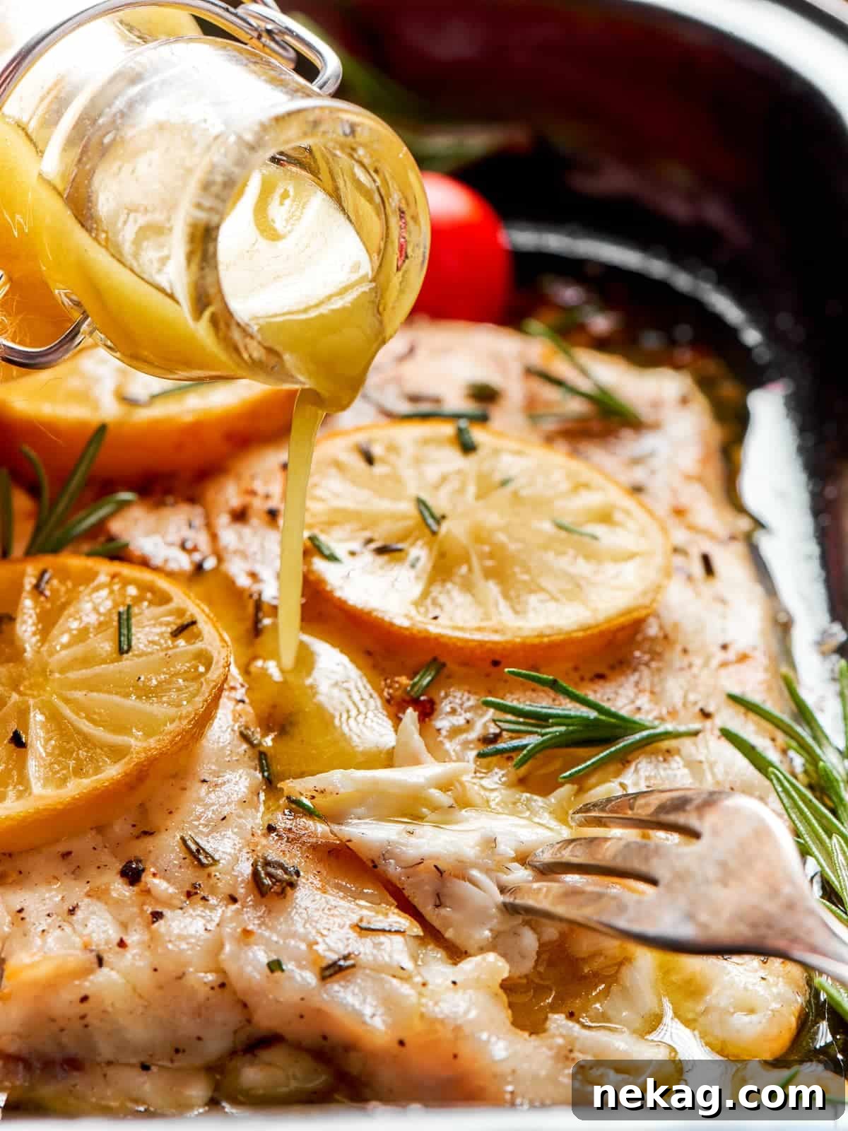 Champagne vinaigrette generously poured onto baked halibut while holding a fork on a tray, ready to be served.
