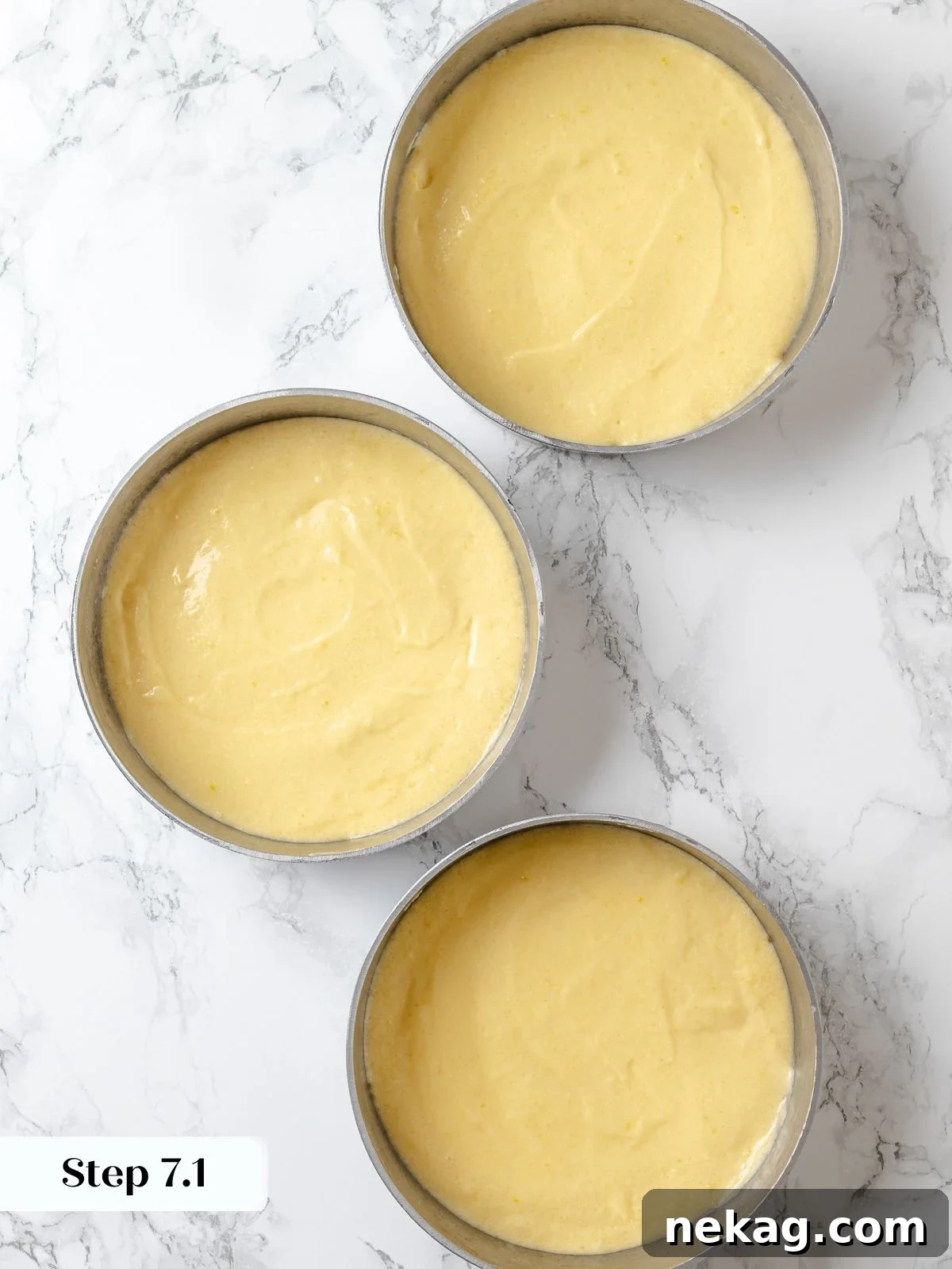 Zesty Lemon Delight Cake 14 Lemon cake batter evenly divided among three prepared round cake pans.