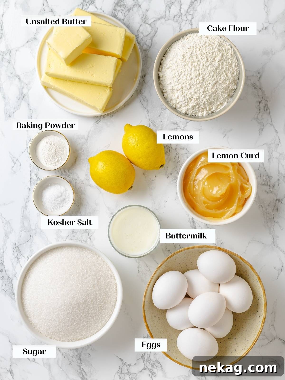 Zesty Lemon Delight Cake 4 Measured lemon cake ingredients arranged neatly on countertop before mixing begins.