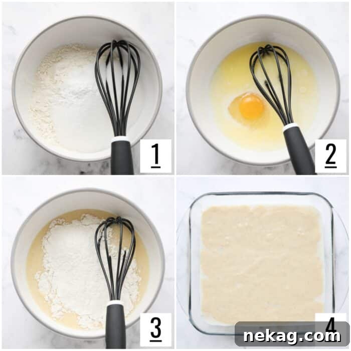 Visual steps demonstrating how to prepare vanilla cake batter from scratch, showing dry and wet ingredients being combined.