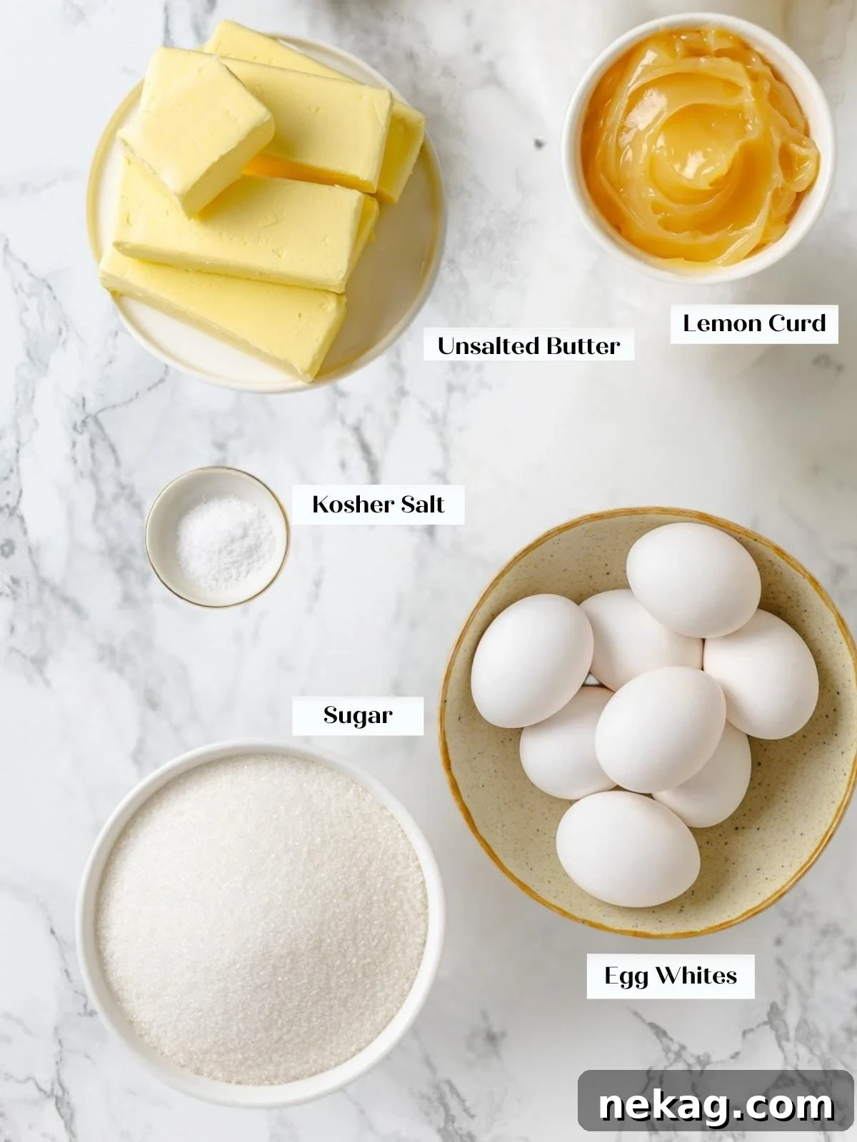 Silken Lemon Meringue Frosting 4 Separated egg whites, granulated sugar, kosher salt, unsalted butter, and lemon curd, perfectly prepped for making Swiss meringue buttercream.