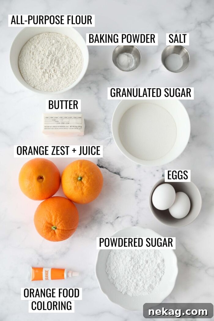 Labeled ingredients needed to make orange crinkle cookies.