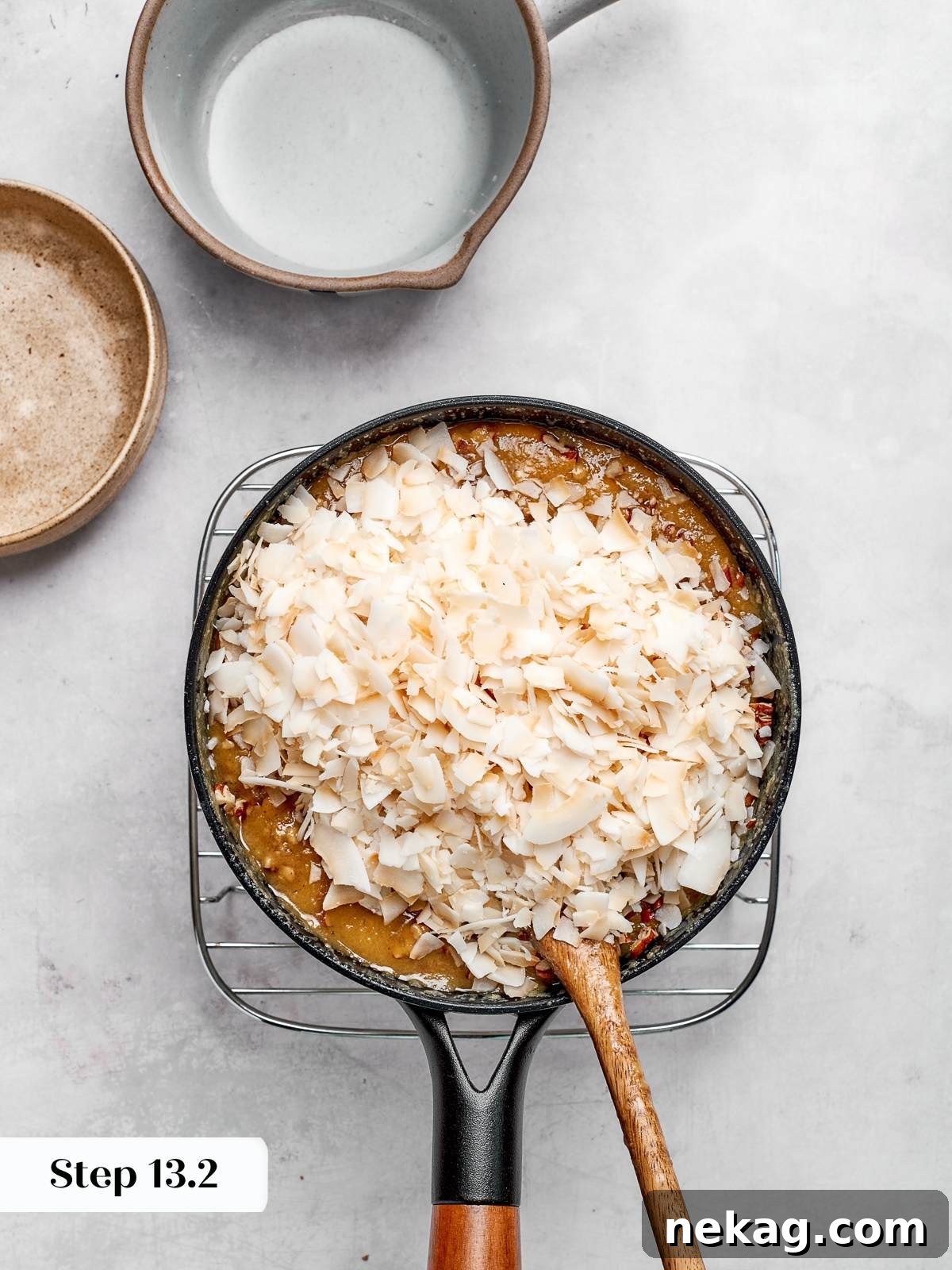 Unsweetened shredded coconut stirred into warm caramelized custard for German chocolate cake topping.