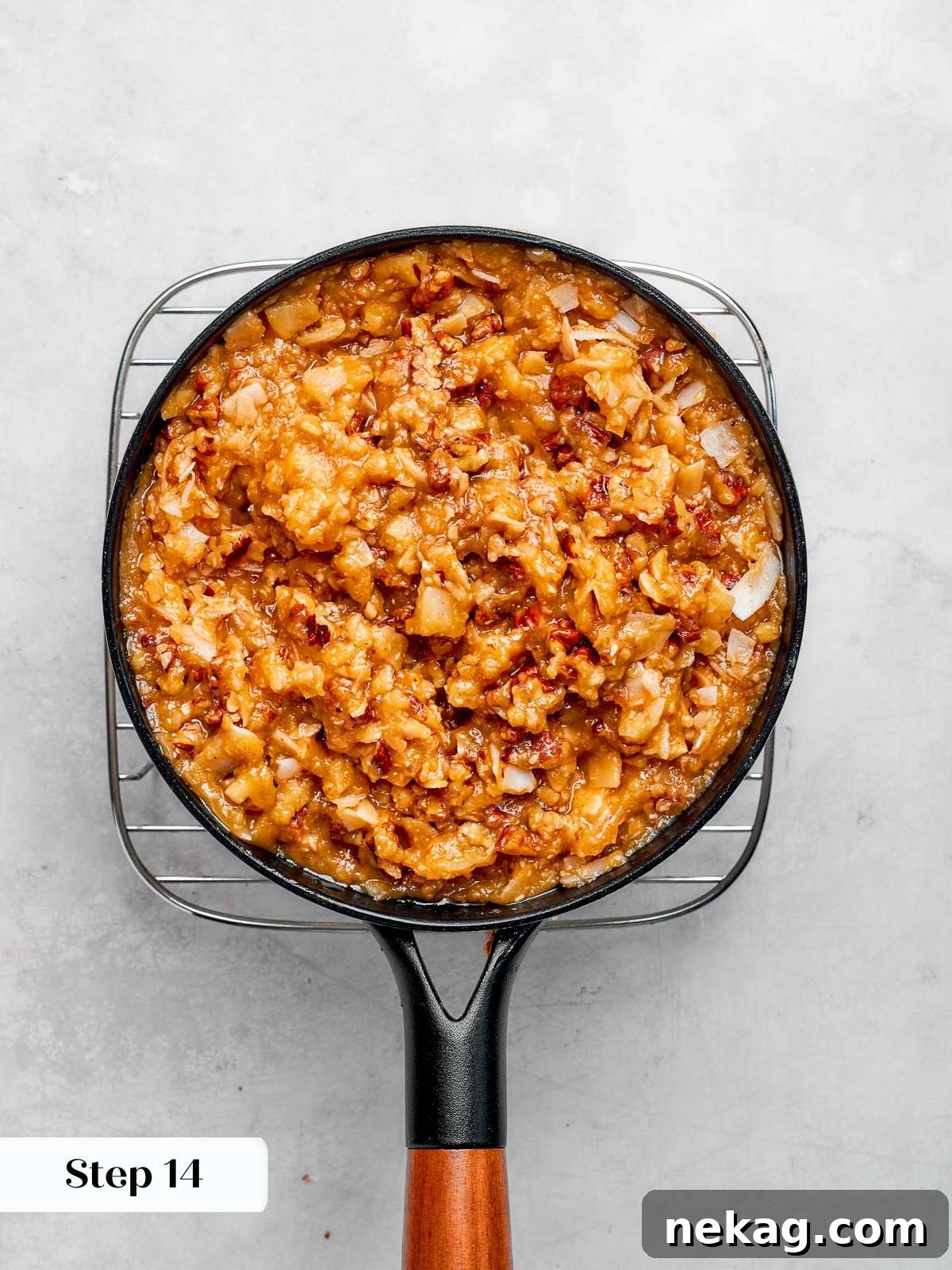 Coconut pecan topping thickened and cooled to spreadable consistency.