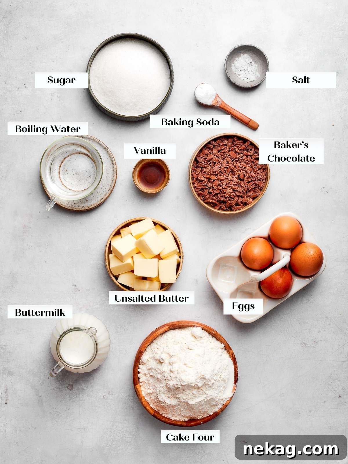 German chocolate cake ingredients on a white countertop.