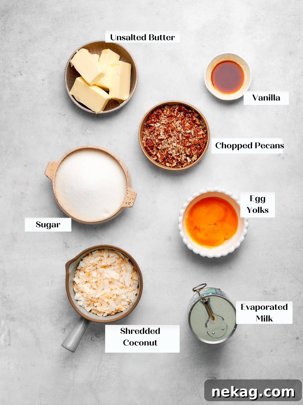 German chocolate cake topping ingredients on a white countertop.