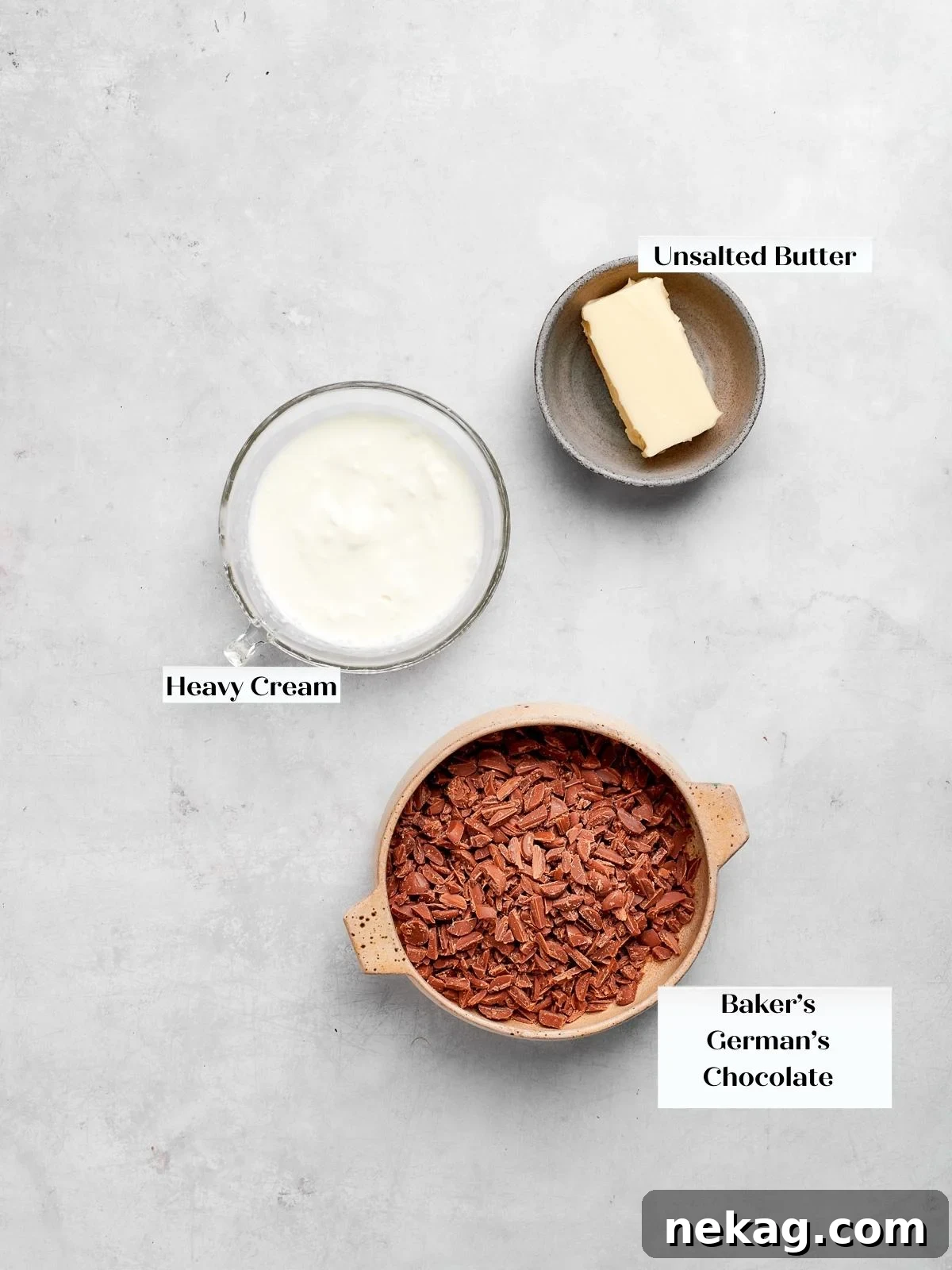 german chocolate cake ganache ingredients on a white countertop.