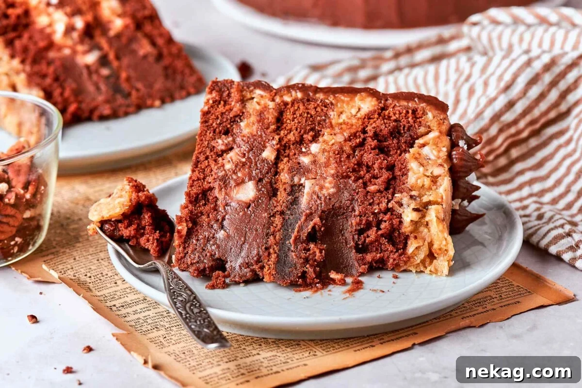Slice of German chocolate cake with bite taken showing tender chocolate crumb.