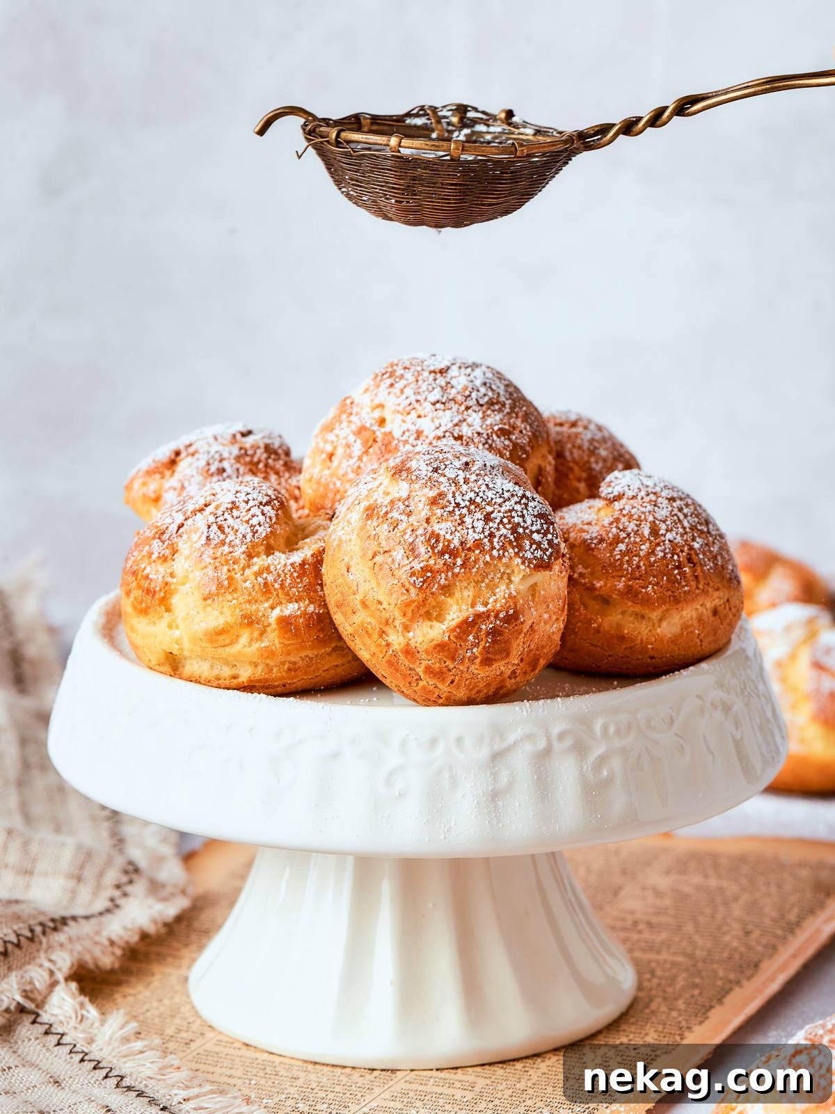 Sweet Puffs of Delight 2 Finished cream puffs dusted generously with powdered sugar for classic bakery-style presentation.
