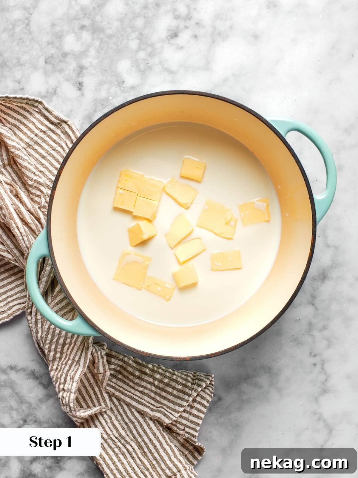 Sweet Puffs of Delight 15 cubed butter and milk in pot for choux paste.