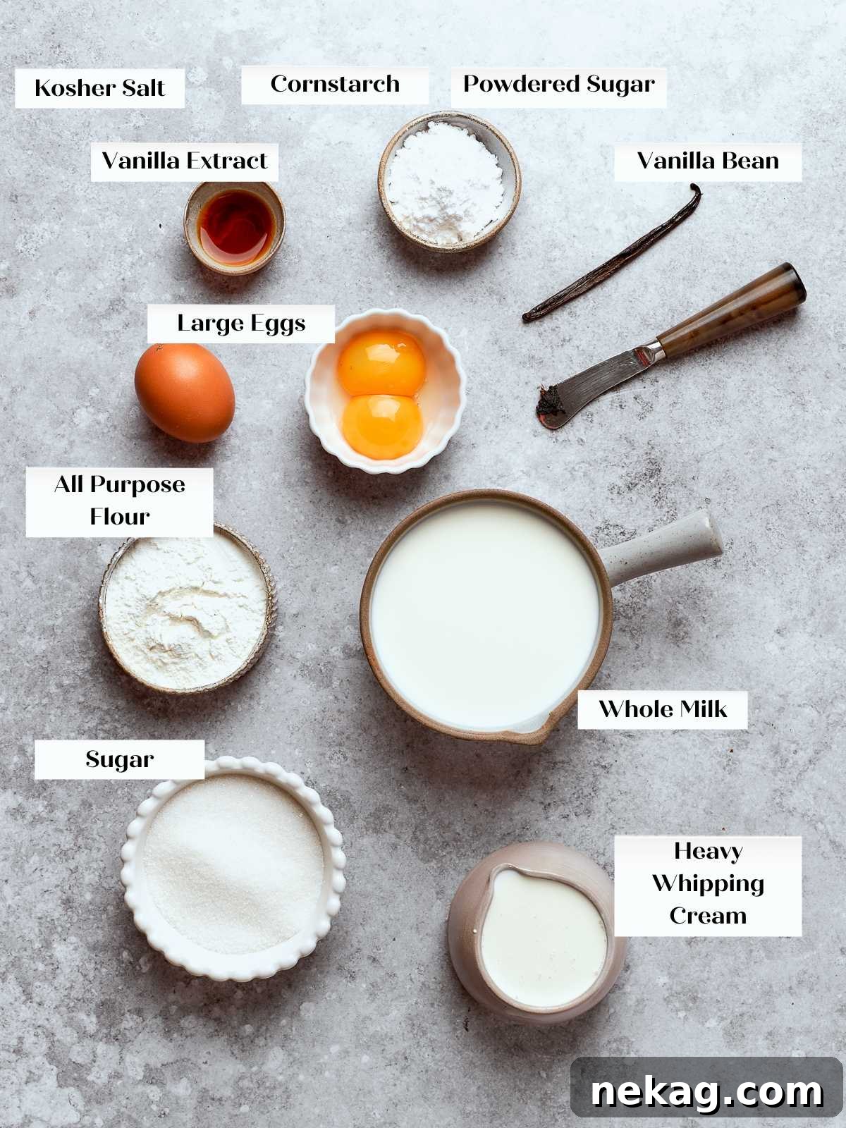 Sweet Puffs of Delight 4 Ingredients for pastry cream arranged including milk, eggs, sugar, and cornstarch.