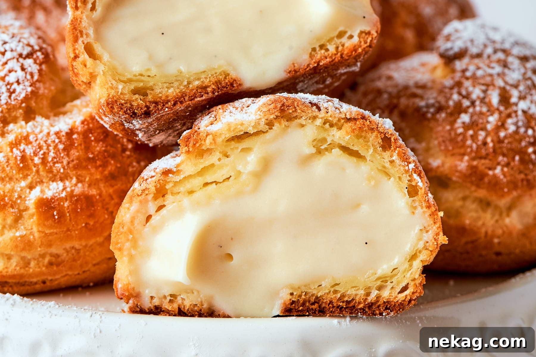 Sweet Puffs of Delight 6 Vanilla cream puffs filled with crème légère arranged and lightly dusted with sugar.