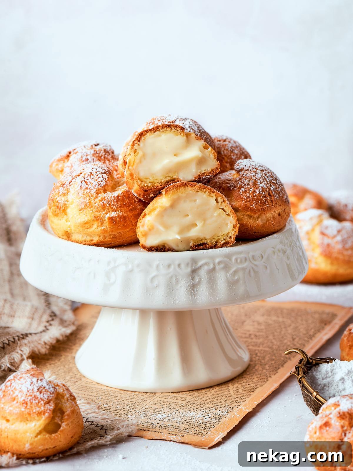Light vanilla pastry cream inside cream puffs showing thick yet airy consistency.