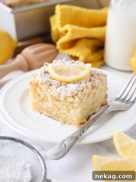 Cinnamon Coffee Cake Recipe with Step-by-Step Video 12 Thick slice of lemon coffee cake on a plate dusted with powdered sugar and a slice of lemon on top.