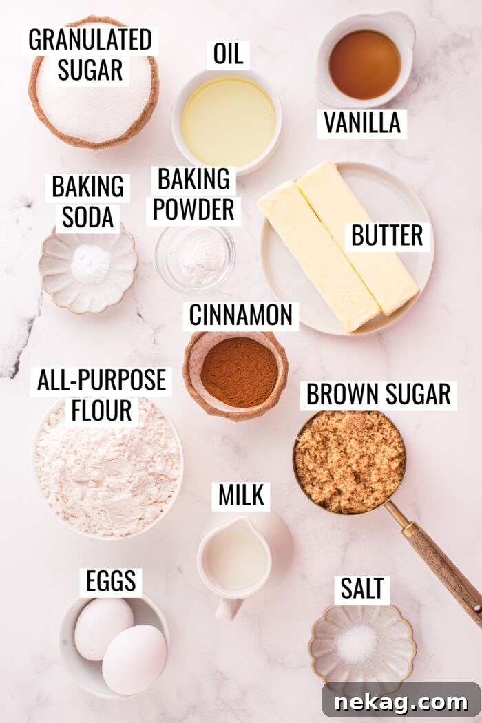 Cinnamon Coffee Cake Recipe with Step-by-Step Video 5 Labeled ingredients needed to make Cinnamon Coffee Cake.