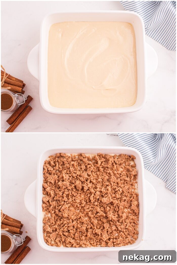 Cinnamon Coffee Cake Recipe with Step-by-Step Video 8 Layering cinnamon coffee cake with cake batter and cinnamon crumb streusel.