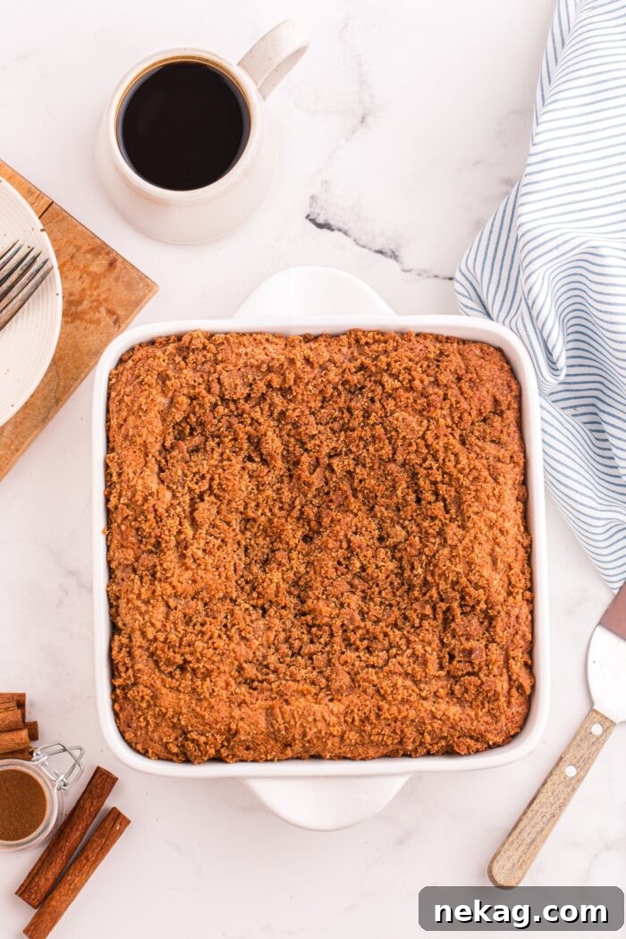 Cinnamon Coffee Cake Recipe with Step-by-Step Video 9 Fully baked cinnamon coffee cake in a 8x8-inch pan.