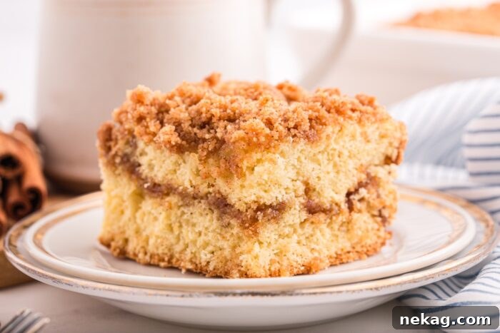 Cinnamon Coffee Cake Recipe with Step-by-Step Video 10 A slice of cinnamon crumb cake on a plate and a cup of coffee in the background.