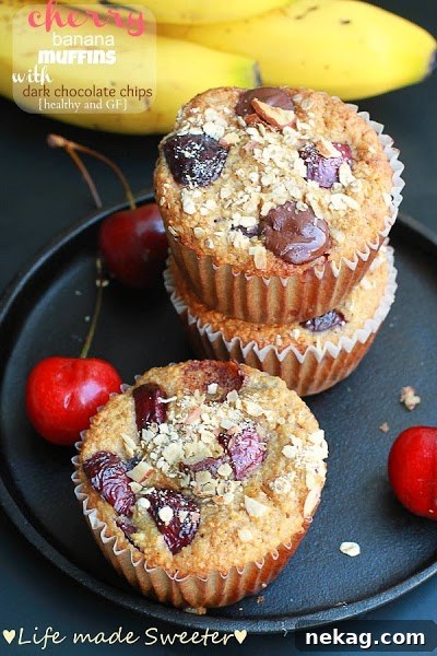 Cherry Banana Muffins with Dark Chocolate Chips {Healthy and GF} by Life Made Sweeter