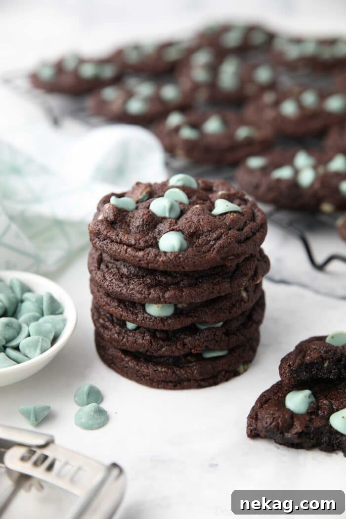 Stack of chocolate mint cookies.