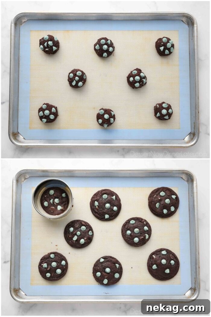 Before and after baking chocolate mint chip cookies.