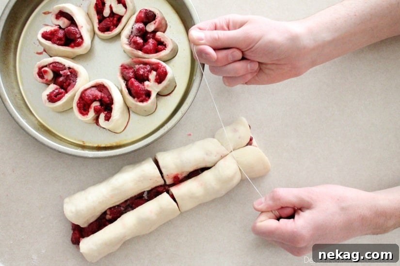 Cutting rolls with dental floss.