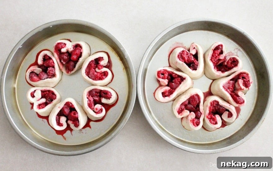 Cut heart shaped rolls in round cake pans