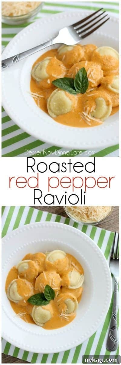 Roasted Red Pepper Ravioli - Fresh and creamy roasted red pepper sauce atop al dente cooked cheese filled ravioli, for a restaurant-quality Italian dish made easy at home!