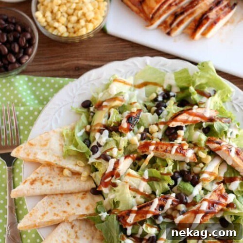 BBQ Ranch Chicken Salad - Mexican flavors meet good old American barbecue in this green salad served with ranch dressing.