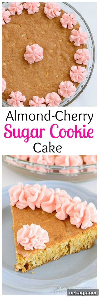 Almond Cherry Sugar Cookie Cake Recipe for Spring Gatherings 8 Almond Cherry Sugar Cookie Cake - Almond flavored sugar cookie cake with slivered almonds throughout and topped with cherry frosting. The best sugar cookie you will ever have!