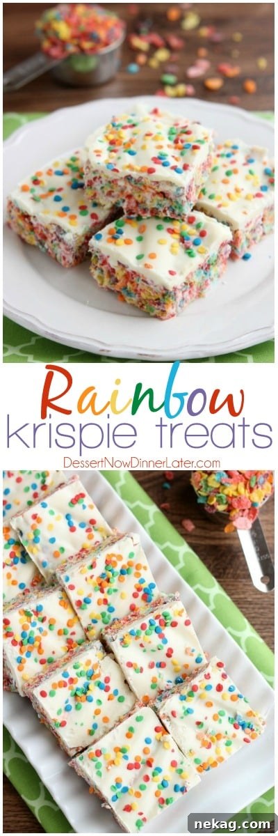 Fruity Pebbles, marshmallows, white chocolate, and confetti sprinkles, come together to make these Rainbow Krispie Treats! An easy St. Patrick's Day dessert!