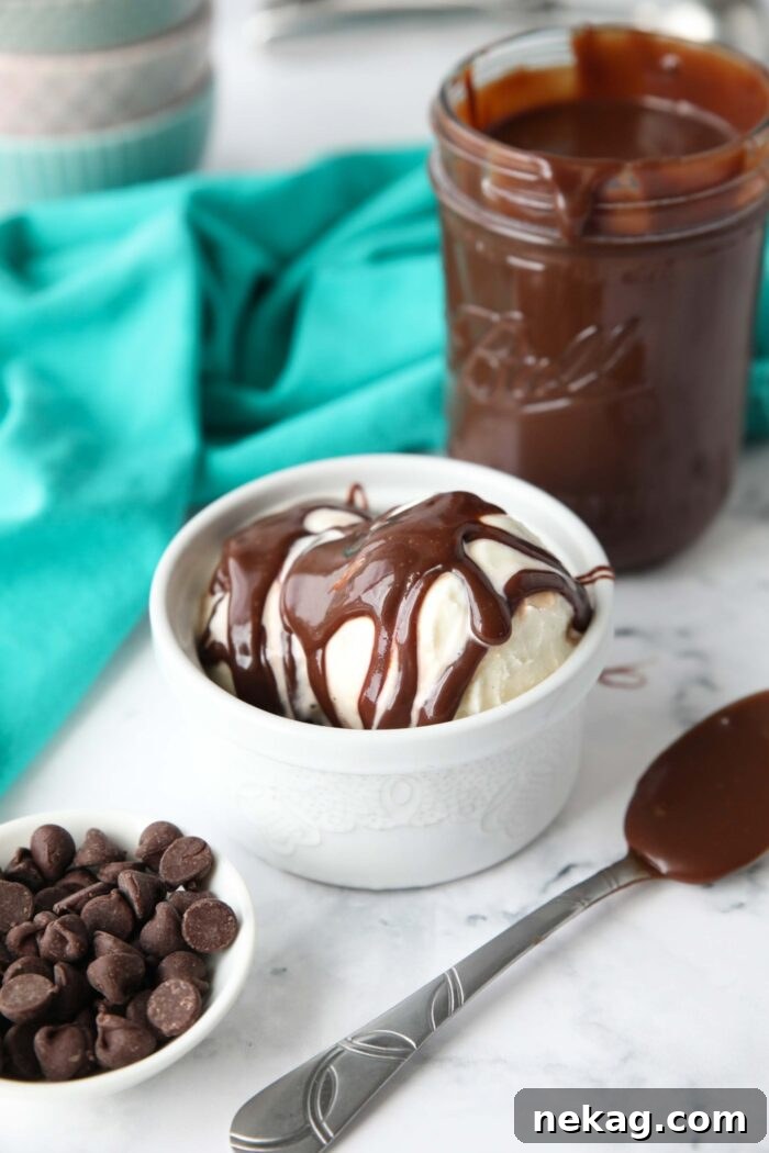 Hot fudge on top of a bowl of ice cream.