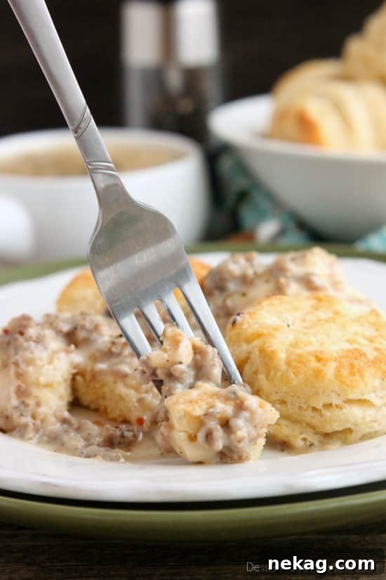 Biscuits and Gravy - a simple and spicy peppered sausage gravy atop flaky, foolproof buttermilk biscuits, makes a great breakfast or brunch option!