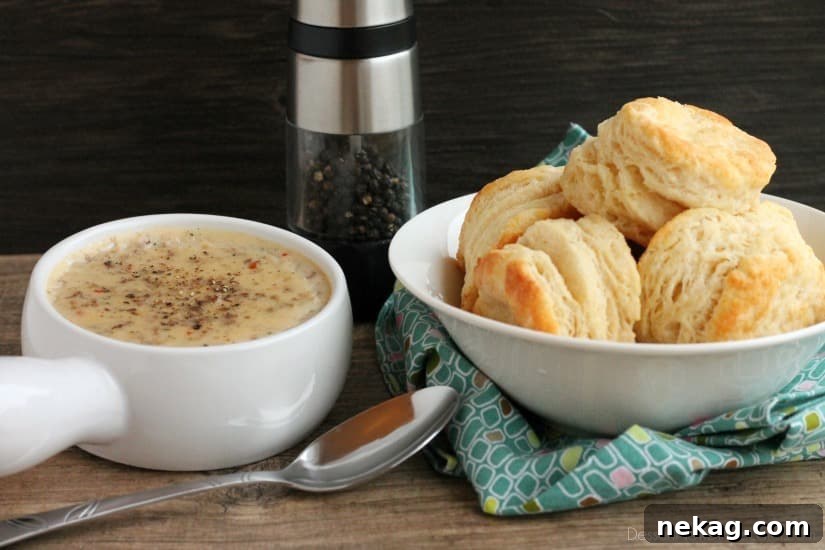Biscuits and Gravy - a simple and spicy peppered sausage gravy atop flaky, foolproof buttermilk biscuits, makes a great breakfast or brunch option!