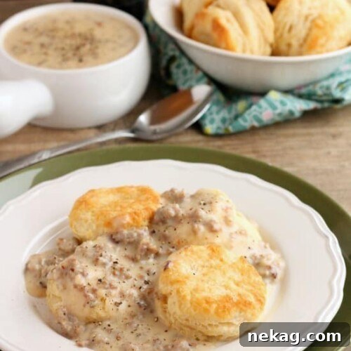 Biscuits and Gravy - a simple and spicy peppered sausage gravy atop flaky, foolproof buttermilk biscuits makes for a great breakfast or brunch!