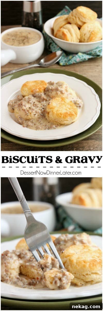 Biscuits and Gravy - a simple and spicy peppered sausage gravy atop flaky, foolproof buttermilk biscuits, makes a great breakfast or brunch option!