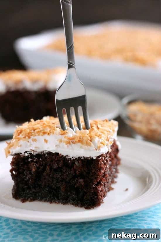 Coconut Cream Chocolate Poke Cake - an easy box cake makeover with cream of coconut, toasted coconut, and whipped cream!