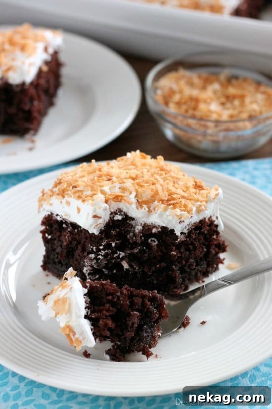 Coconut Cream Chocolate Poke Cake - an easy box cake makeover with cream of coconut, toasted coconut, and whipped cream!