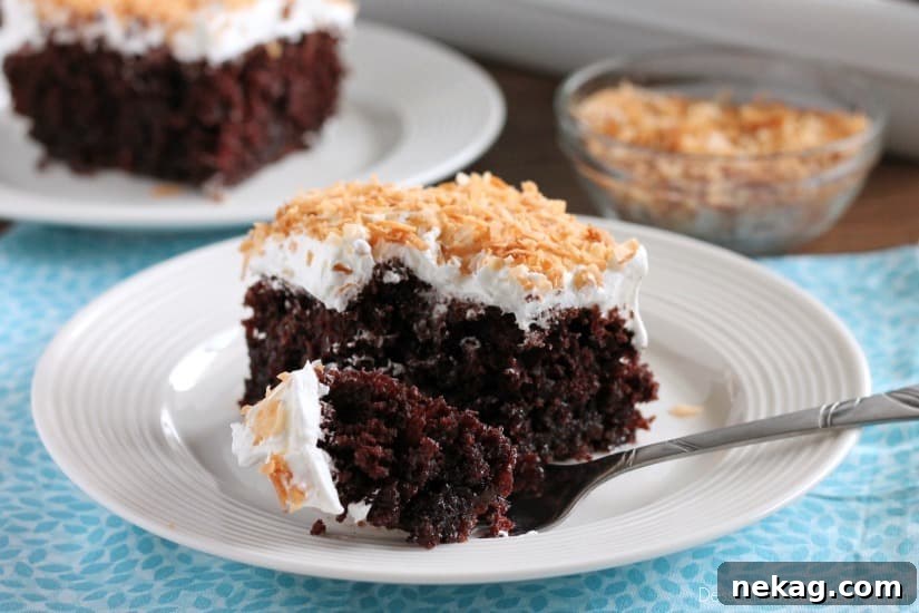 Coconut Cream Chocolate Poke Cake - an easy box cake makeover with cream of coconut, toasted coconut, and whipped cream!