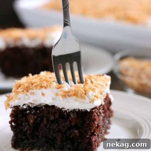 Coconut Cream Chocolate Poke Cake - an easy box cake makeover with cream of coconut, toasted coconut, and whipped cream!