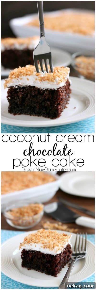 Coconut Cream Chocolate Poke Cake - an easy box cake makeover with cream of coconut, toasted coconut, and whipped cream!