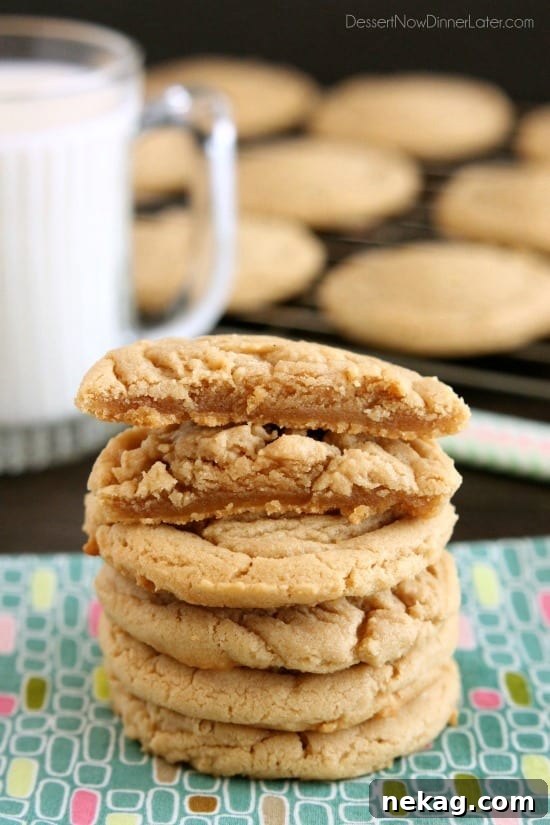 Thick Chewy Peanut Butter Cookies Recipe (Video) 2 These Thick and Chewy Peanut Butter Cookies are slightly crisp on the outside, tender and soft on the inside, plus you just scoop and bake them! No rolling in sugar and pressing with a fork required!