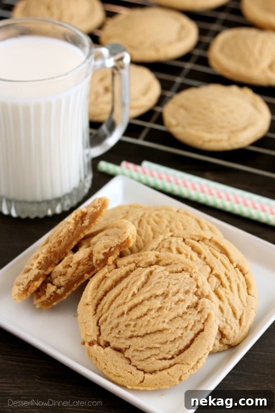Thick Chewy Peanut Butter Cookies Recipe (Video) 3 These Thick and Chewy Peanut Butter Cookies are slightly crisp on the outside, tender and soft on the inside, plus you just scoop and bake them! No rolling in sugar and pressing with a fork required!