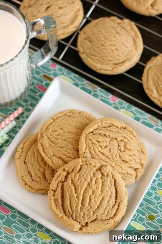 Thick Chewy Peanut Butter Cookies Recipe (Video) 5 These Thick and Chewy Peanut Butter Cookies are slightly crisp on the outside, tender and soft on the inside, plus you just scoop and bake them! No rolling in sugar and pressing with a fork required!