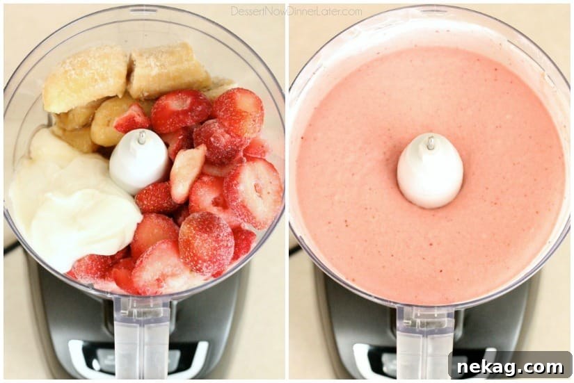 With only 5 ingredients and 5 minutes or less in the food processor (or blender), you can have this healthy Instant Strawberry Banana Frozen Yogurt!