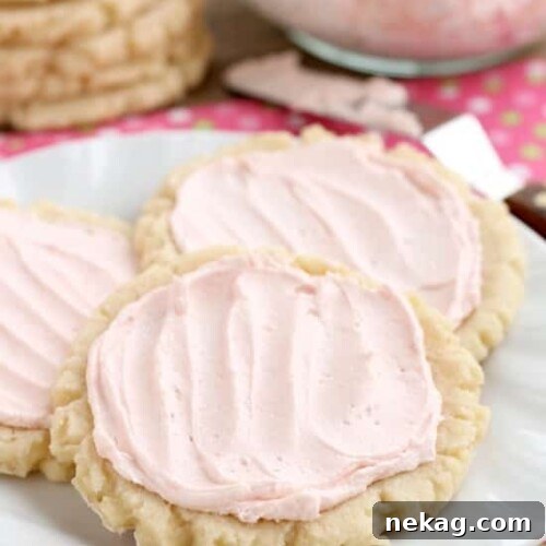 The ingredients list might surprise you with these scoop, press, and bake rustic-looking sugar cookies. With a soft, sweet, melt-in-your-mouth cookie base, topped with a smooth and dreamy buttercream frosting -- these really are the BEST sugar cookies you will make at home!
